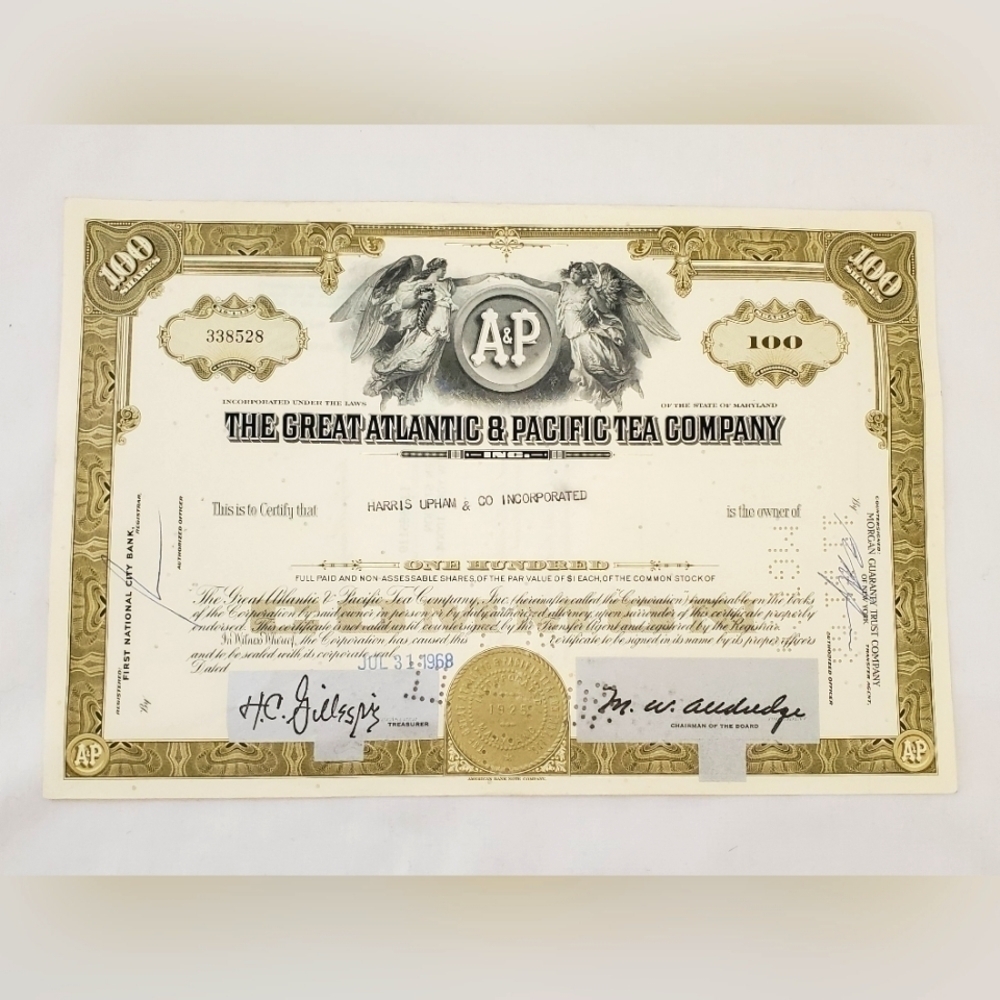VINTAGE Atlantic & Pacific Tea Company Stock Certificate